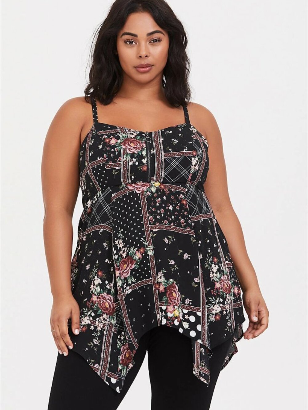 Gently Used - Torrid Size 3 Black Floral Patchwork Georgette Zip Front Babydoll